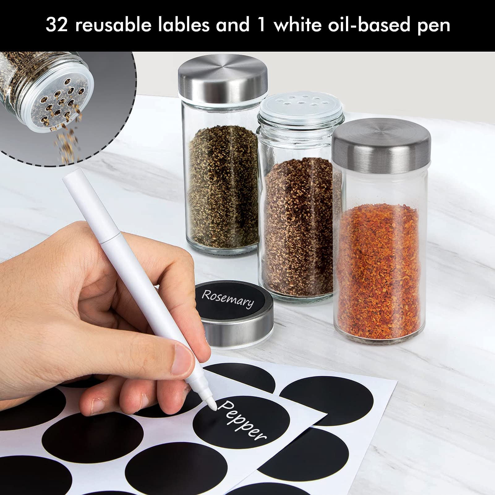 Reusable spice jar labels and white marker pen for organizing spices, and seasonings