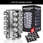 Silver spice carousel set with 20 glass jars, reusable labels, marker pen, and product box