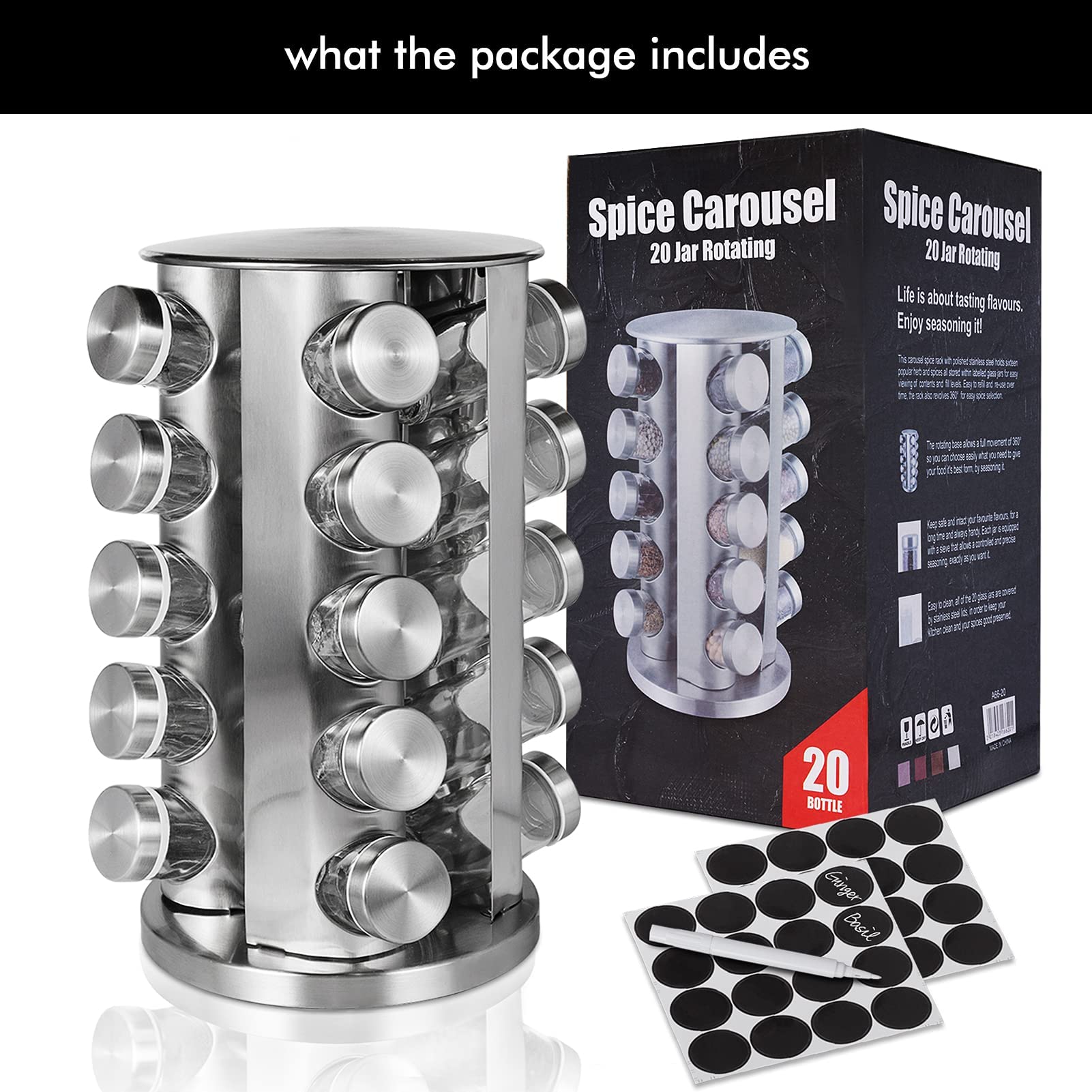 Silver spice carousel set with 20 glass jars, reusable labels, marker pen, and product box