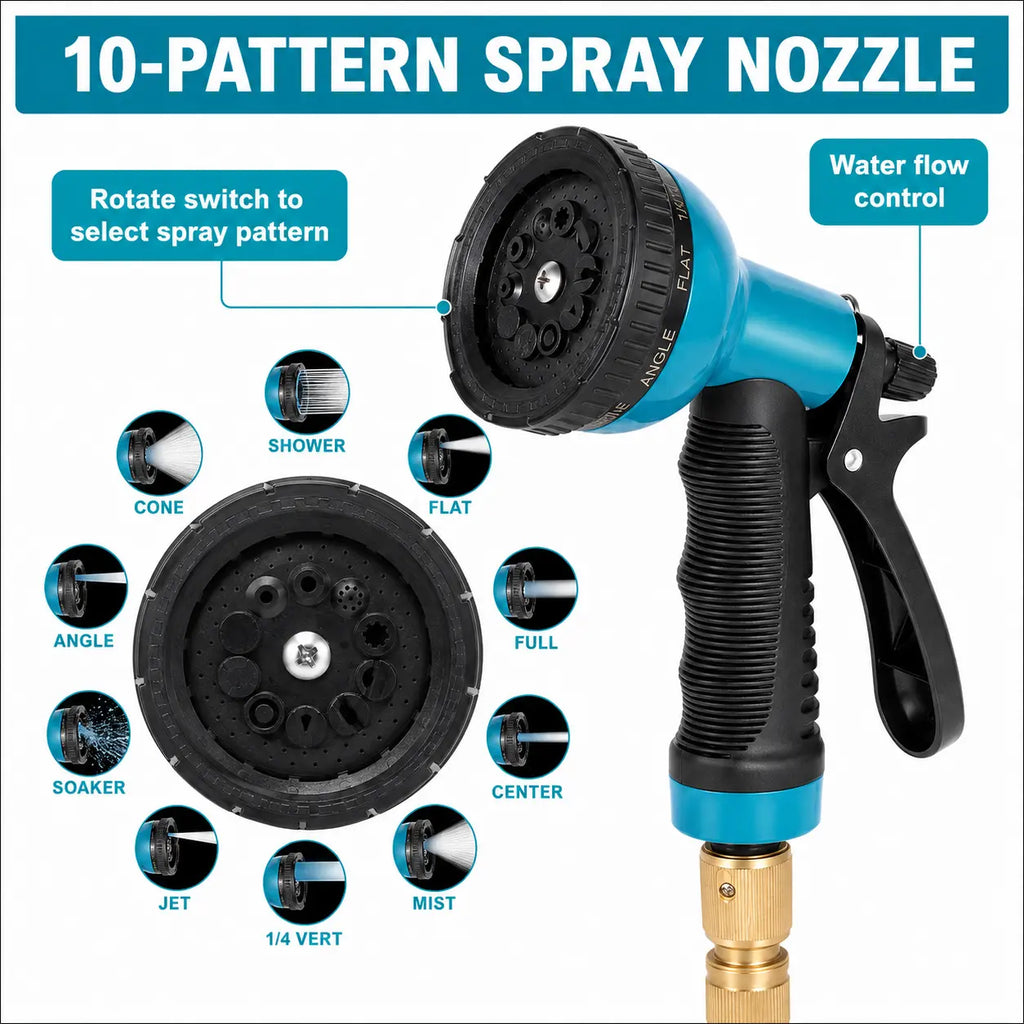 RüK garden hose spray nozzle with 10 adjustable spray patterns and water flow control