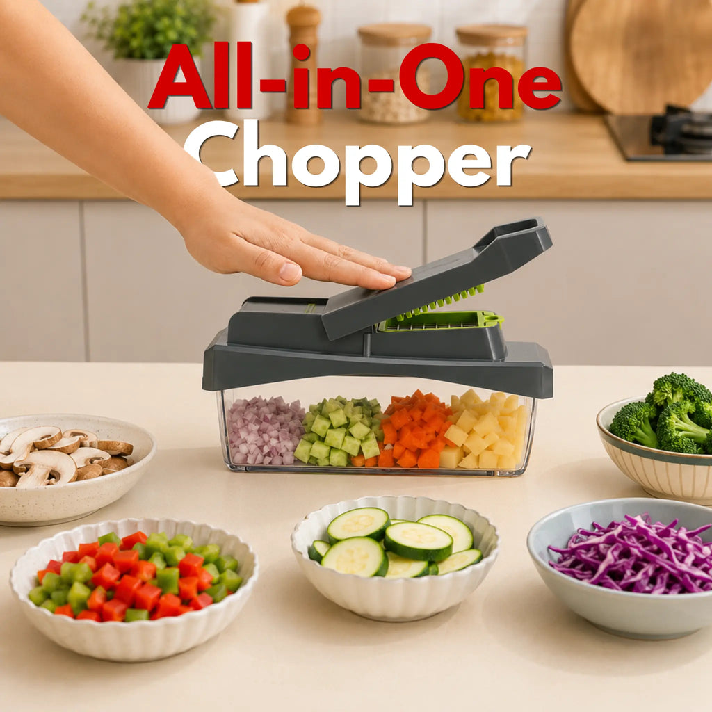 The RüK all-in-one vegetable chopper filled with freshly diced vegetables on a Scandinavian-style minimalist kitchen countertop, delivering a premium lifestyle aesthetic.