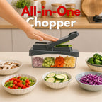 The RüK all-in-one vegetable chopper filled with freshly diced vegetables on a Scandinavian-style minimalist kitchen countertop, delivering a premium lifestyle aesthetic.