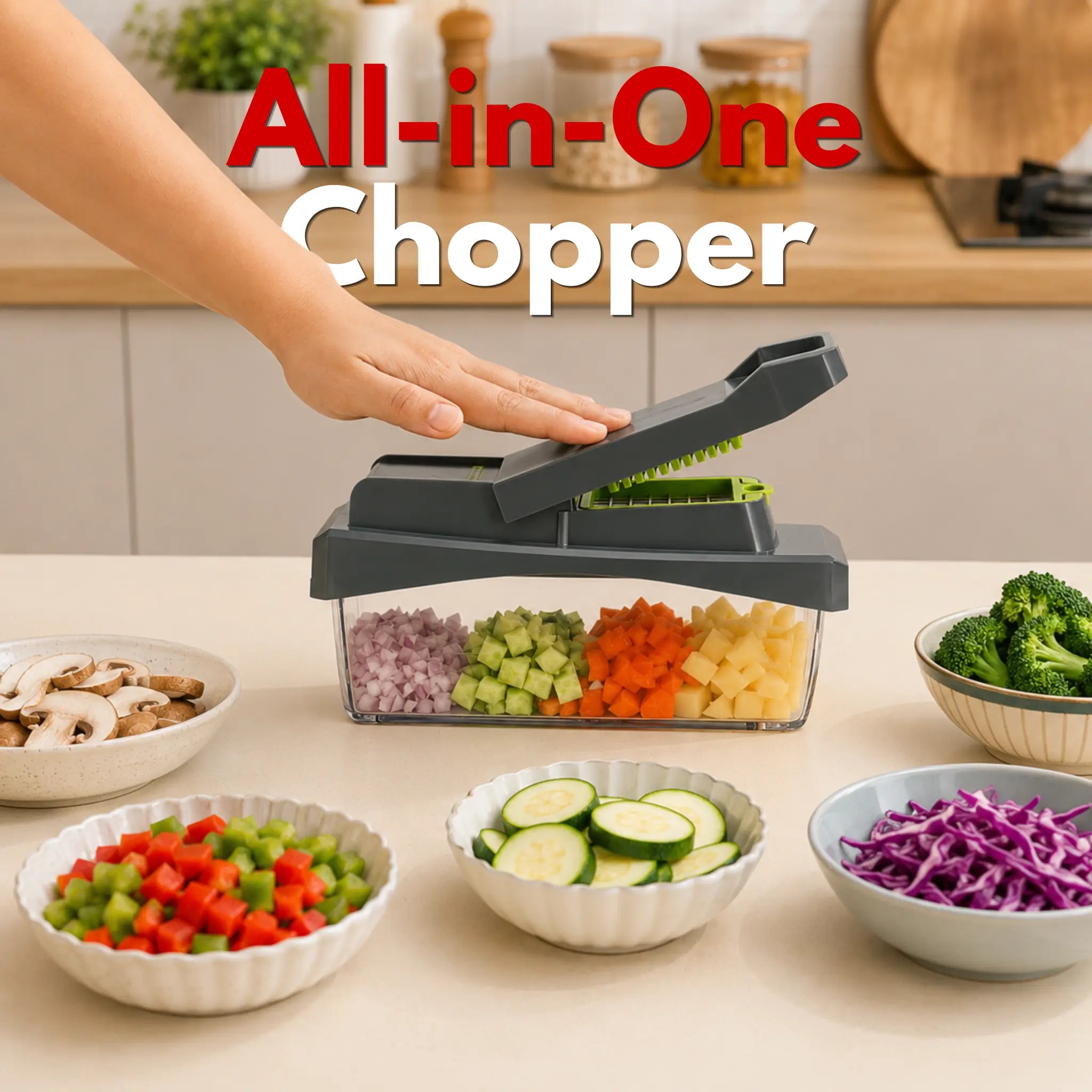 The RüK all-in-one vegetable chopper filled with freshly diced vegetables on a Scandinavian-style minimalist kitchen countertop, delivering a premium lifestyle aesthetic.