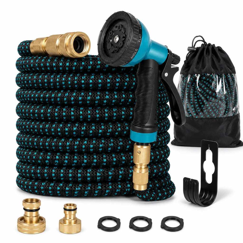  RüK expandable garden hose kit with spray nozzle, brass fittings, storage bag, hanger and sealing rings