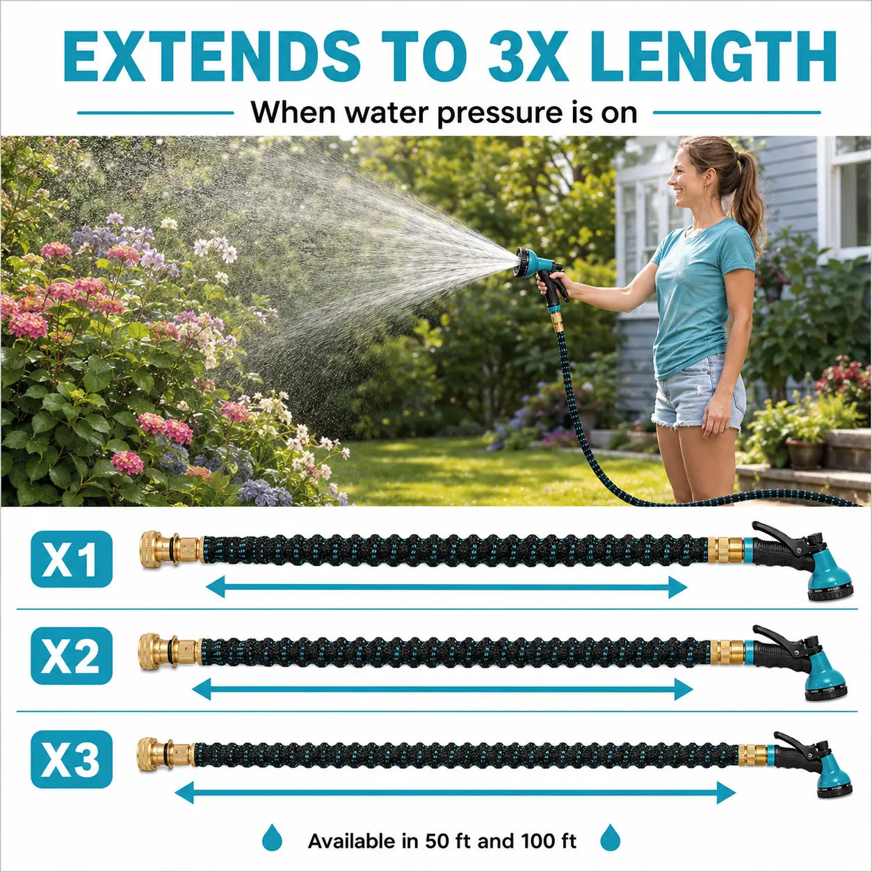 RüK expandable garden hose extends up to 3 times its length when water pressure is on