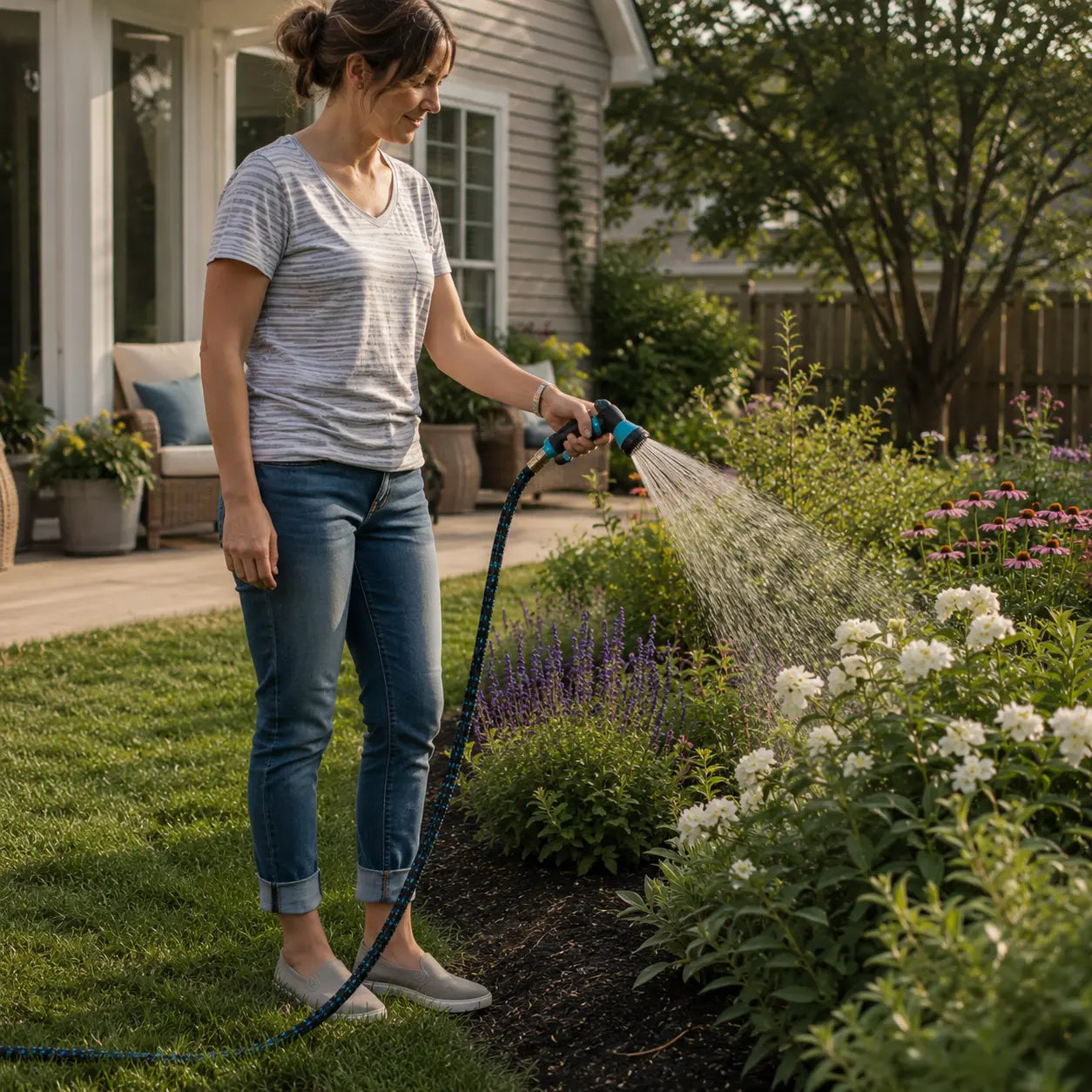 RüK expandable garden hose used for outdoor flower watering in a home garden