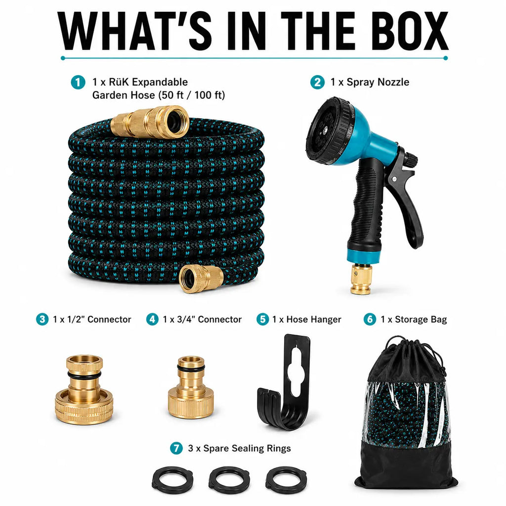 RüK garden hose set includes expandable hose, spray nozzle, connectors, hanger, storage bag and sealing rings