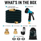 RüK garden hose set includes expandable hose, spray nozzle, connectors, hanger, storage bag and sealing rings