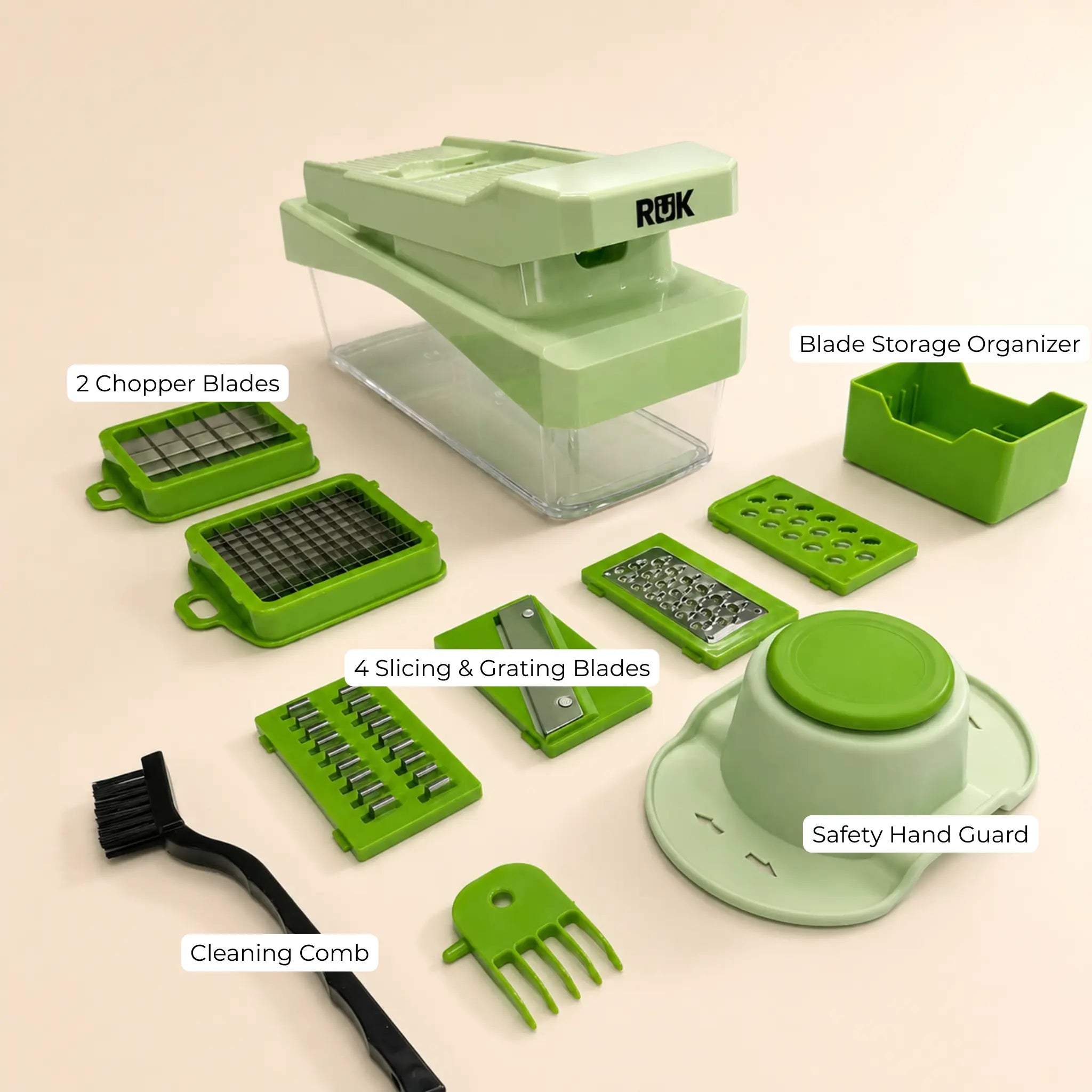 Full exploded view of the RüK 10-in-1 multifunctional food chopper accessories, including 6 interchangeable stainless steel blades, a finger guard, and a cleaning brush.