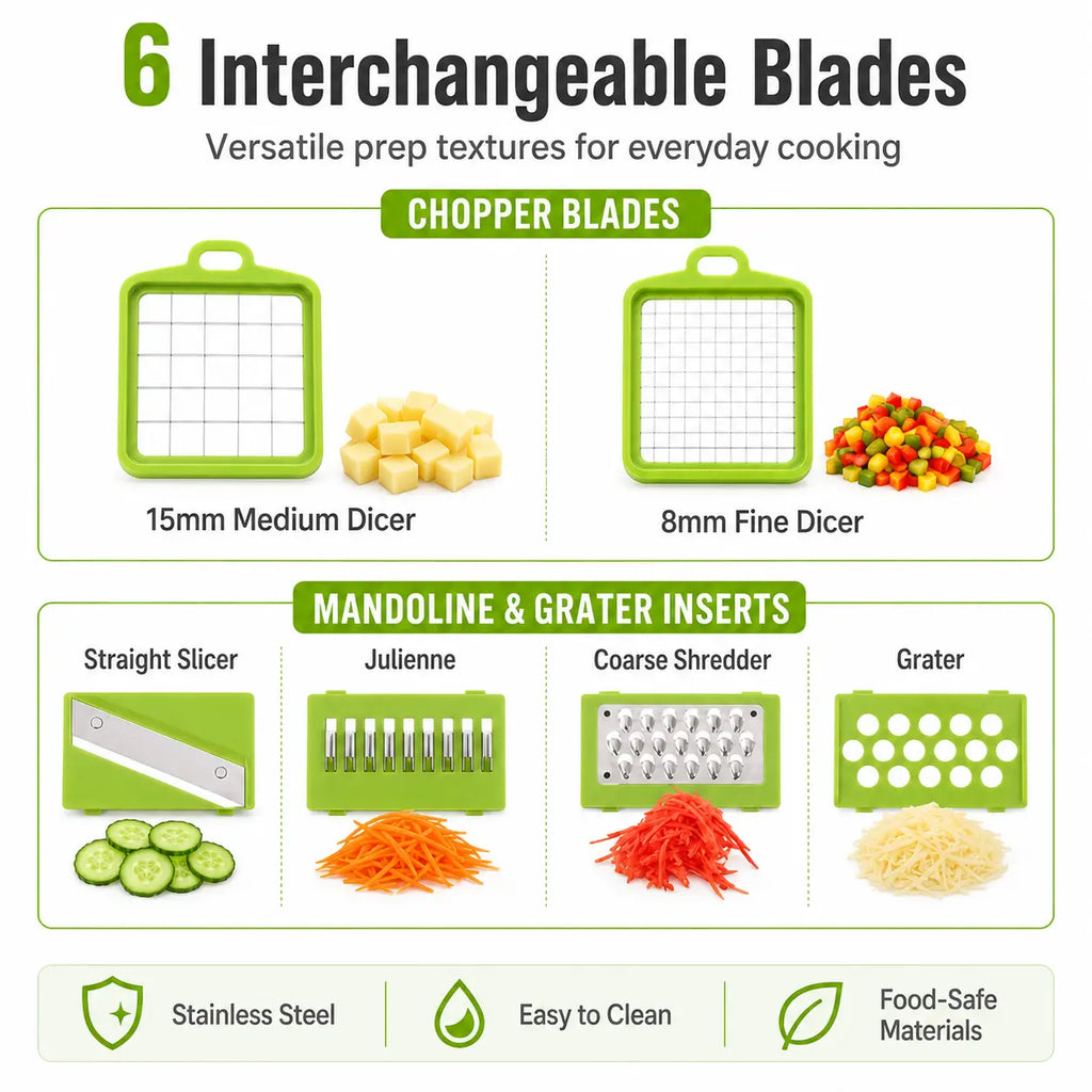 RUK Pro 6 interchangeable blade set for chopping, dicing, slicing, grating and shredding vegetables
