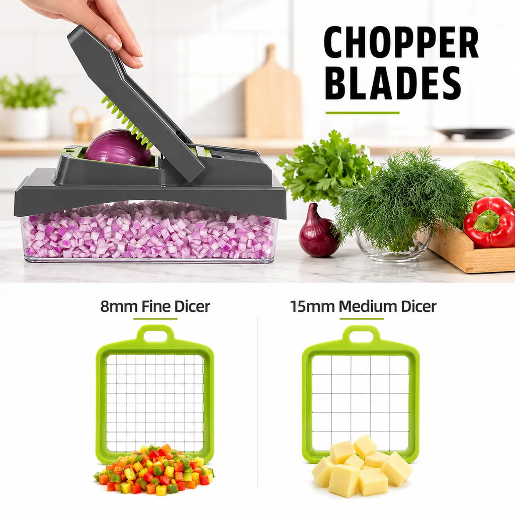 RUK Pro chopper blades with 8mm fine dicer and 15mm medium dicer for onions, potatoes and vegetables