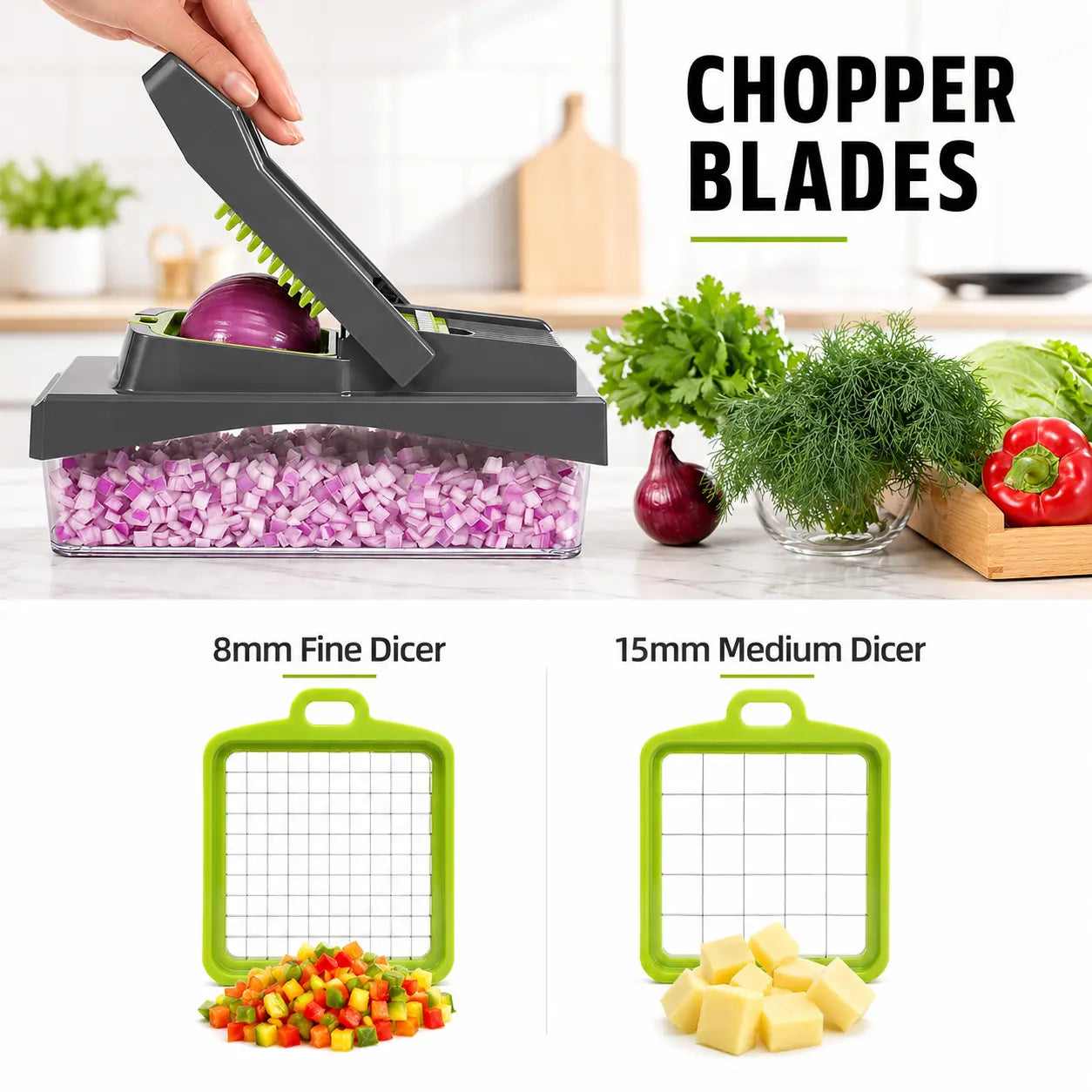 RUK Pro chopper blades with 8mm fine dicer and 15mm medium dicer for onions, potatoes and vegetables