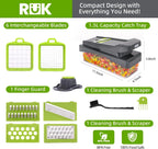 RUK Pro vegetable chopper complete accessory set with 6 blades, 1.5L catch tray, finger guard and cleaning tools