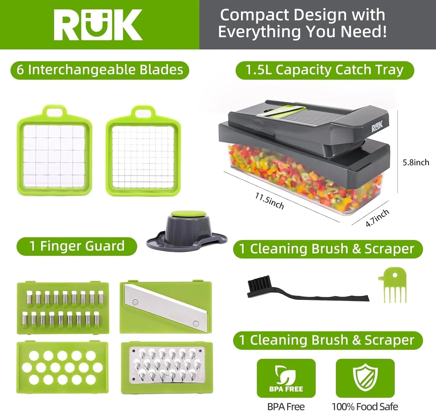 RUK Pro vegetable chopper complete accessory set with 6 blades, 1.5L catch tray, finger guard and cleaning tools