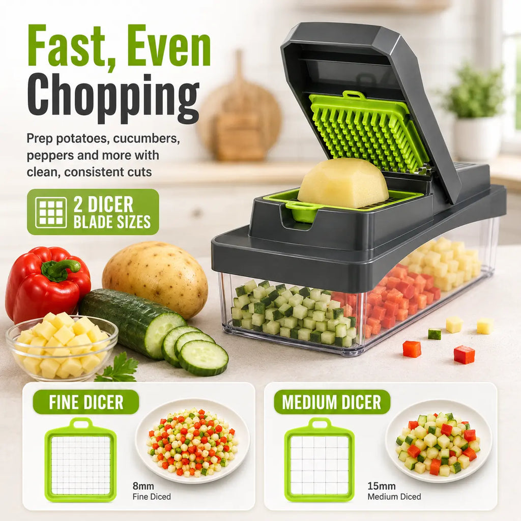 RUK Pro vegetable dicer creates fast even cuts for potatoes, cucumbers, peppers and everyday meal prep