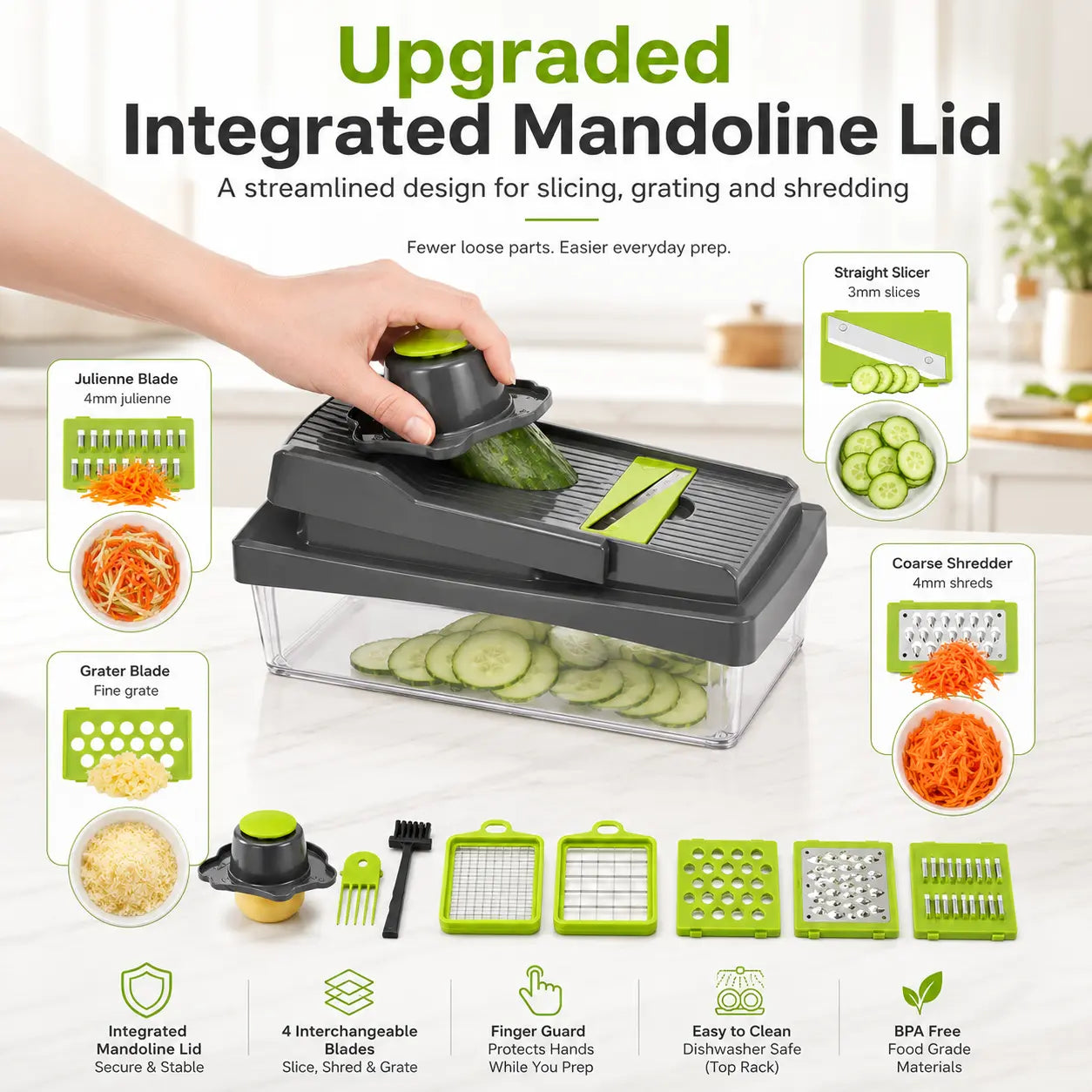 RUK Pro vegetable chopper with upgraded integrated mandoline lid for slicing, grating and shredding