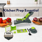 RüK Vegetable Chopper Pro 6-blade set complete with a 1.5L container, drain basket, and finger guard, showcased as a premium kitchen prep essential.