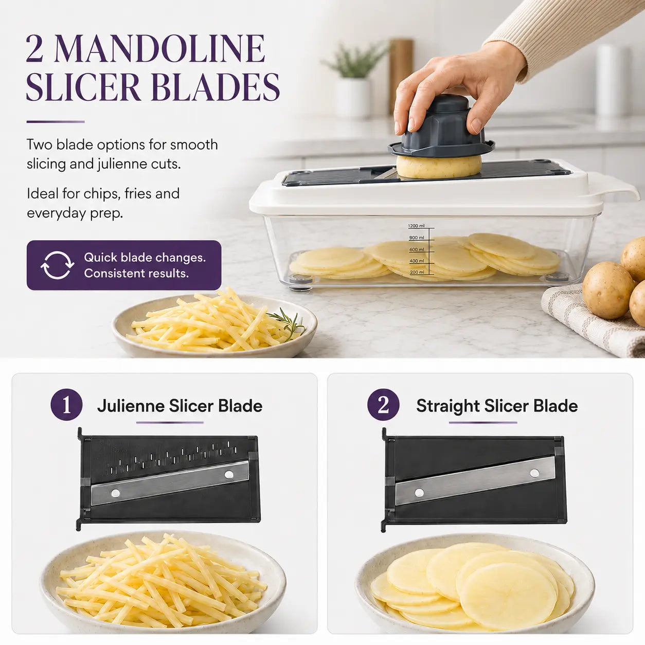 Mandoline slicer blades for julienne strips and even straight vegetable slices