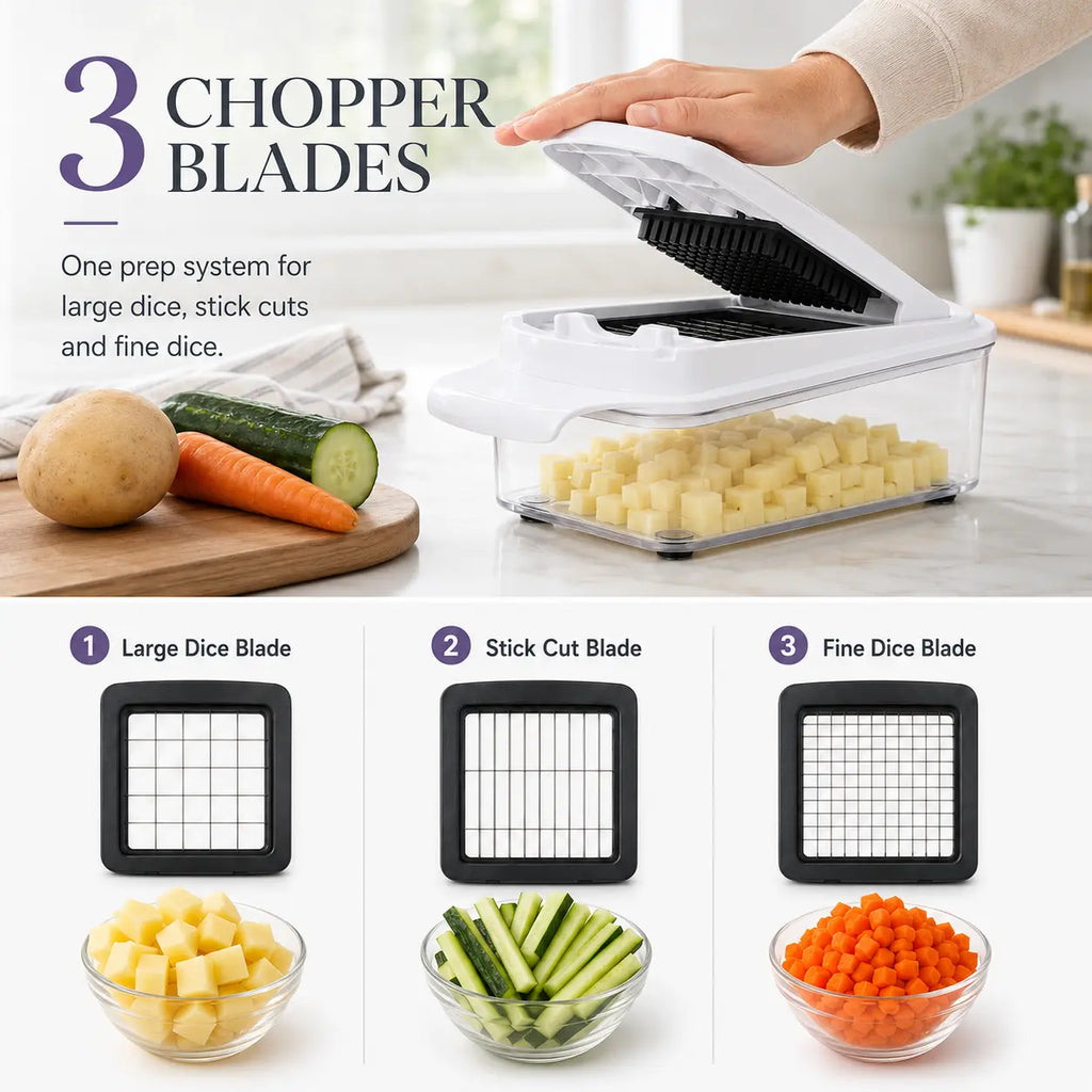 3 chopper blades for dicing potatoes, carrots, cucumbers and other vegetables