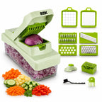 RüK Vegetable Chopper Pro full accessory set on a white background, featuring 6 interchangeable stainless steel blades, a 1.5L large capacity container, and a mandoline slicer, fully dishwasher safe.